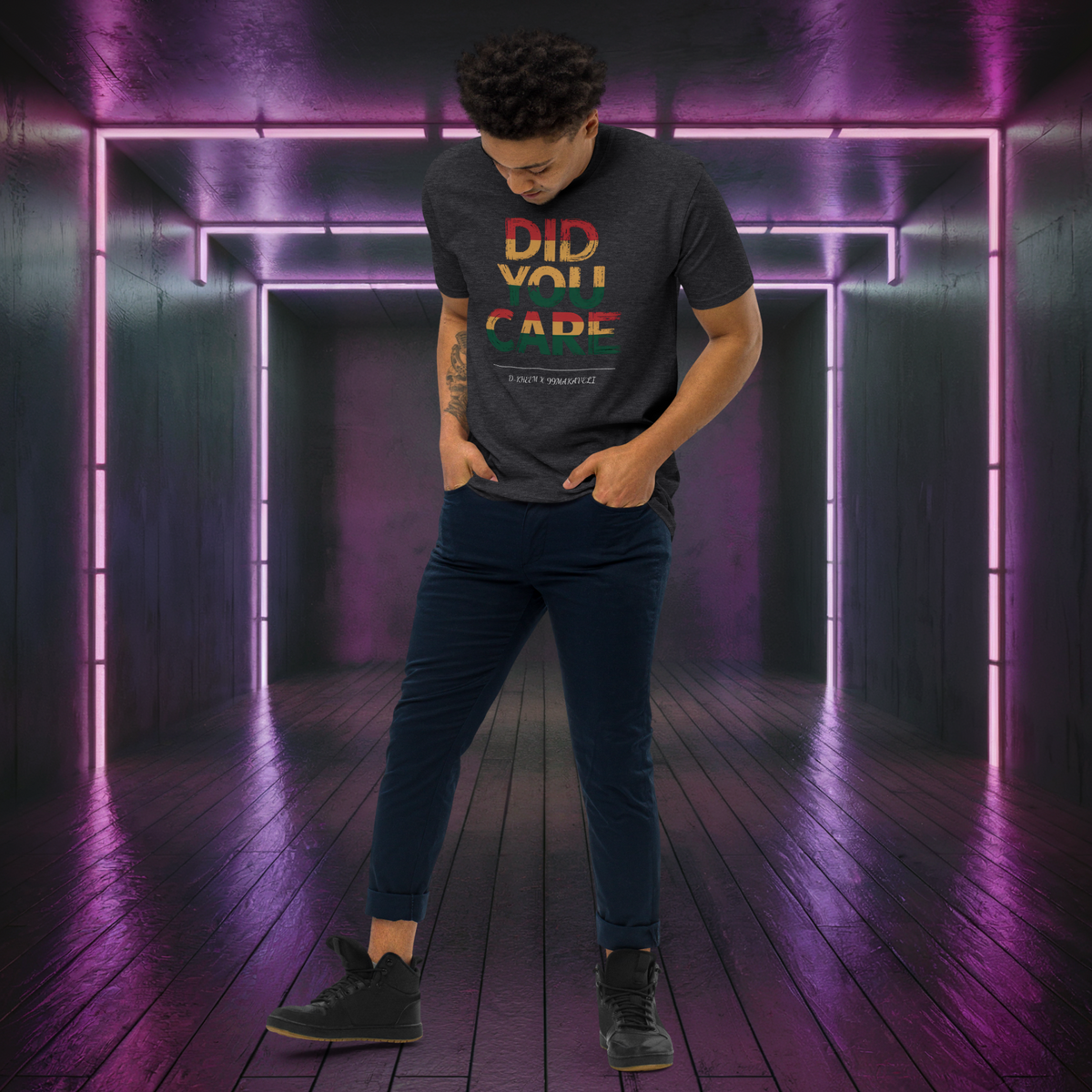 D-Kheem Heavyweight Tee Did You Care charcoal back product image.
