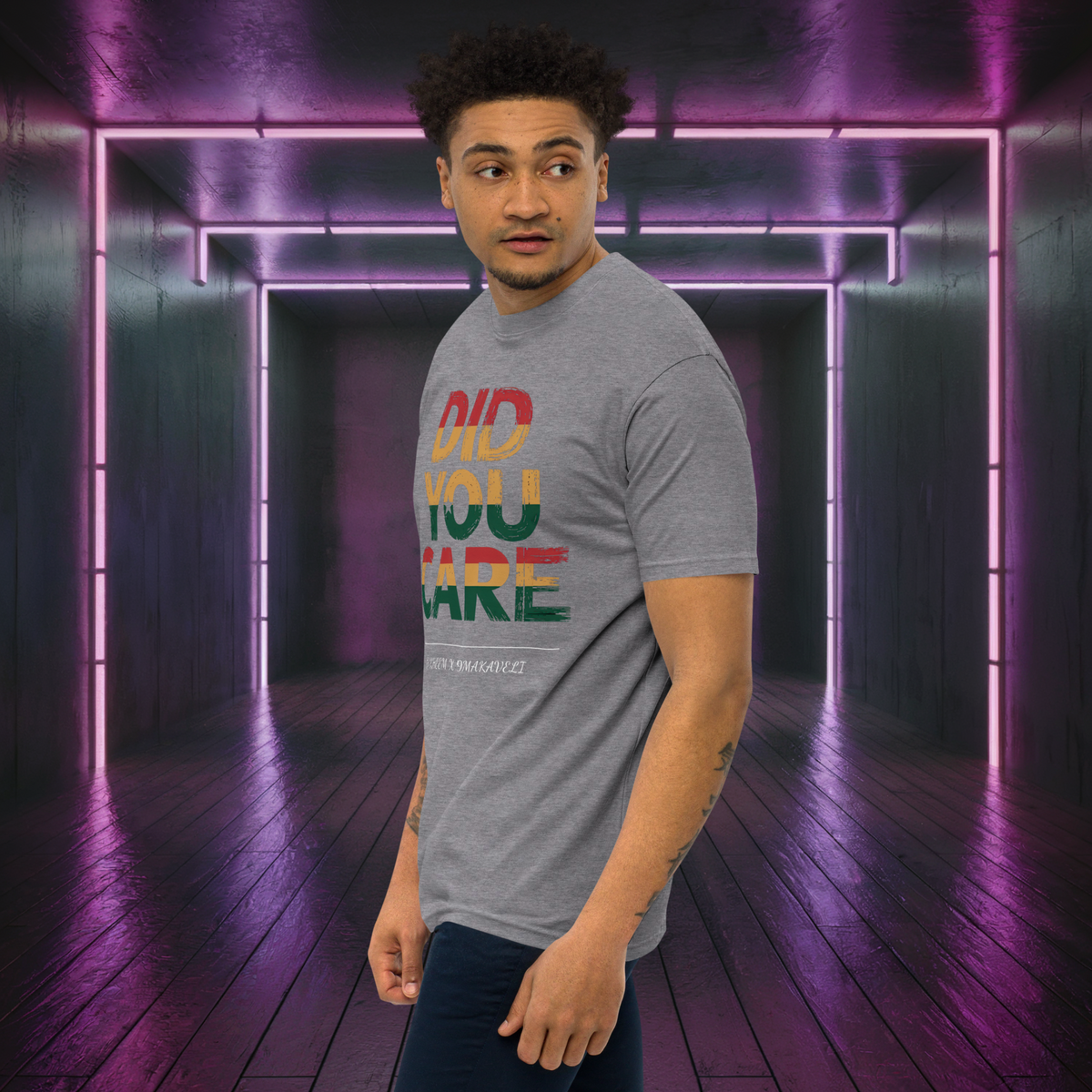 D-Kheem Heavyweight Tee Did You Care grey lifestyle angled front view.