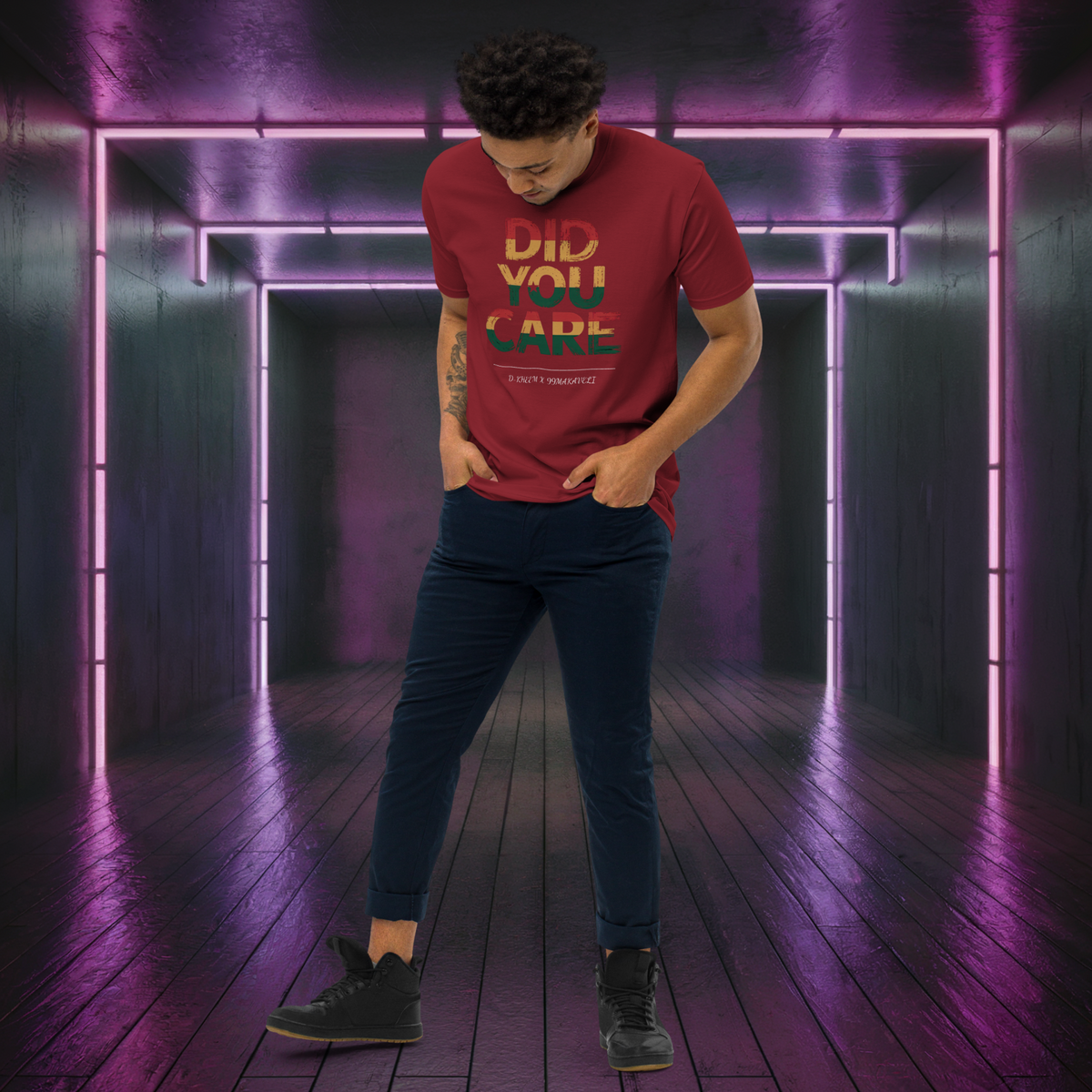D-Kheem Heavyweight Tee Did You Care red full-body front view.