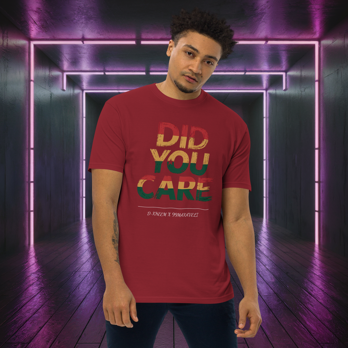 D-Kheem Heavyweight Tee Did You Care red lifestyle portrait front view.