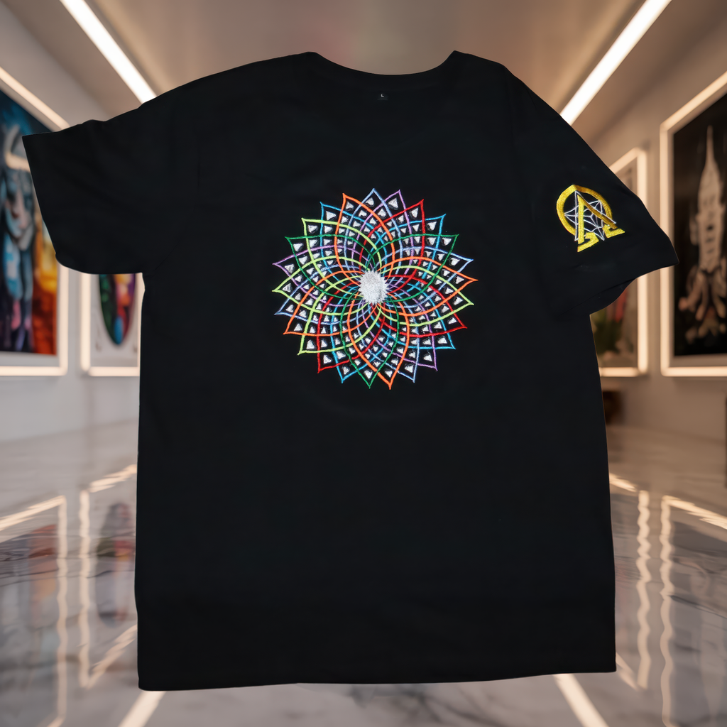 UV-T-Shirt „Fractal Spiral“ – Schwarz Vorderseite