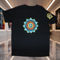 Lotus Spiral Chakra UV T-Shirt black front product image.