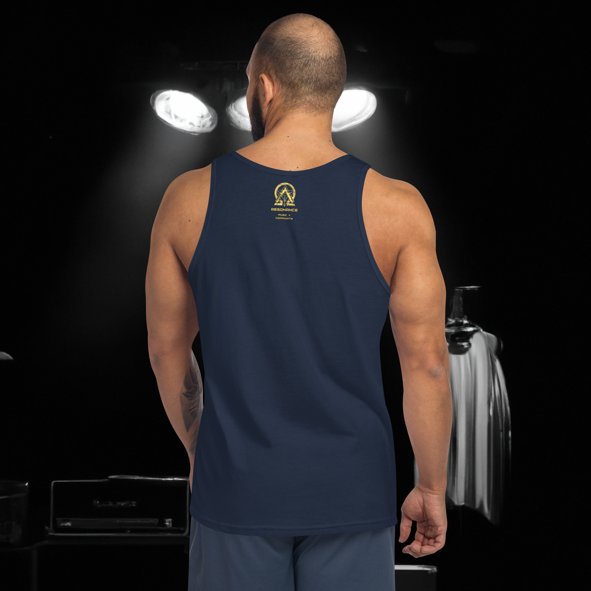 RNC Essential Artist's Tank Top navy back view for music-community apparel.
