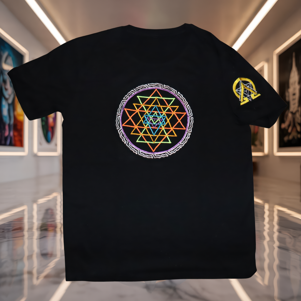 Sri Yantra UV Reactive T-Shirt black front product image.