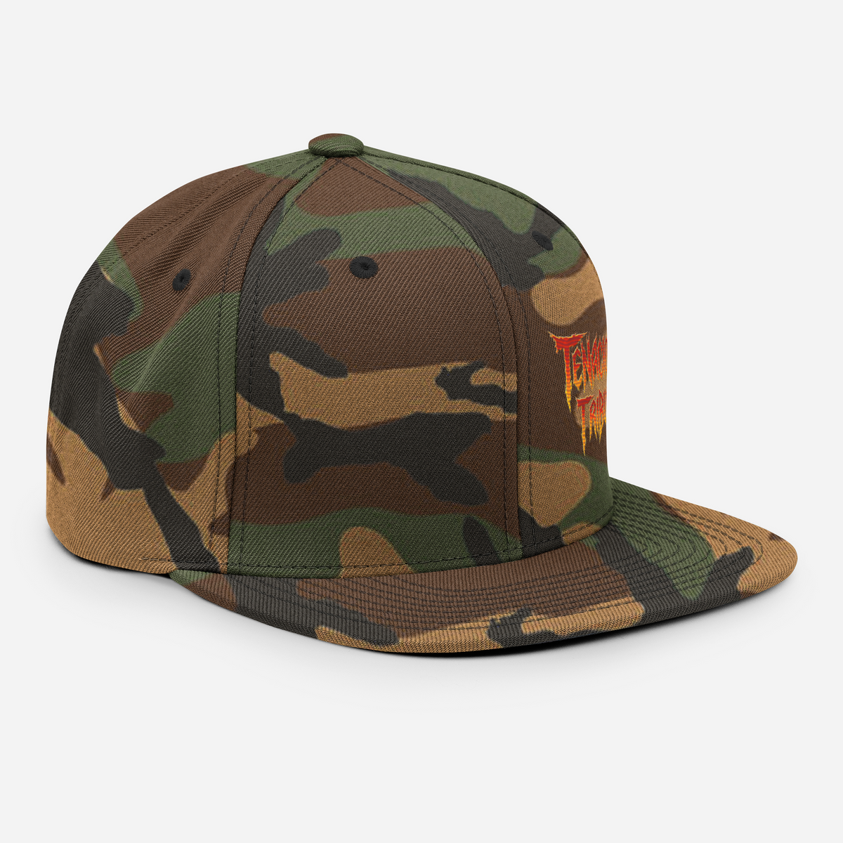 Tenacious Tribute Snapback Hat green-camo right front view.