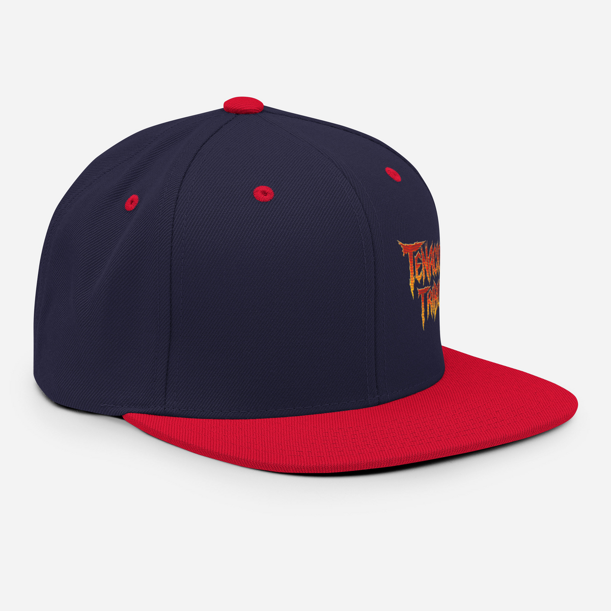 Tenacious Tribute Snapback Hat navy-red right front view.